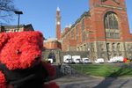 Behind the University of Birmingham Aston Webb Great Hall, with Old Joe in the background.