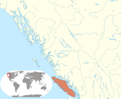 Territory claimed by the Dominion of Vancouver Island (orange) in North America (beige).