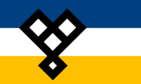 415 Flag (current) A simple horizontal tricolour of Navy blue, White, and Goldenrod yellow; simple-style Katzedemblem 1/3 from the left