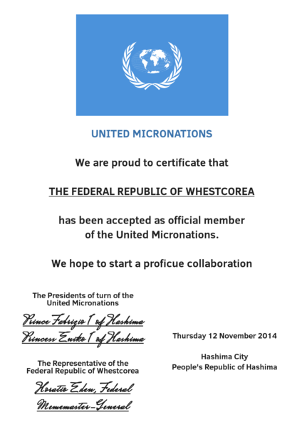 File:United Micronations Certificate Whestcorea.png