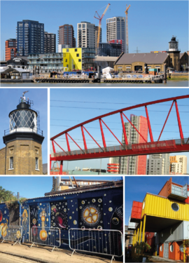 Clockwise from top: Skyline, Leamouth Bridge, Container City, Trinity Buoy Wharf mural, Bow Creek Lighthouse