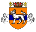 Coat of arms of Mats I of Tuceria, the king on this moment. It has the basic royal coat with an white wolf, representing him.
