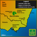 Map of south-eastern Australia (not to scale) showing the New Eurabba region of Urabba Parks together with the Australian capitals of Canberra, Melbourne and Sydney