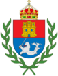 Coat of arms containing shield, castle, lion holding a sword and a crown.
