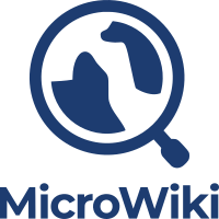 Dark blue, left-leaning magnifying glass above the word MicroWiki, with landmasses pictured in the lens.
